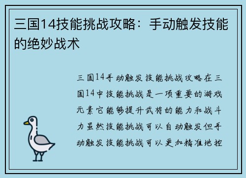 三国14技能挑战攻略：手动触发技能的绝妙战术